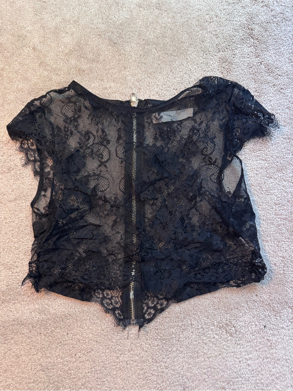 Black Lace Short Sleeve Sheer Blouse with Back Zip